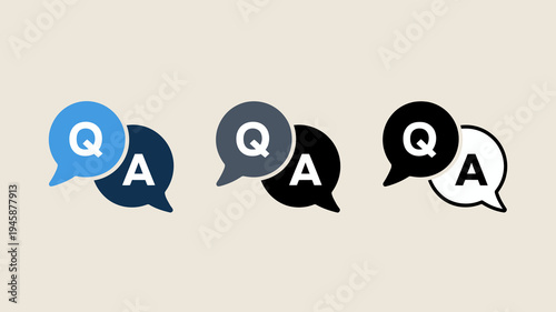 A series of three stylized speech bubbles containing the letter q and a displayed in varying color schemes high quality professional detailed modern elegant stylish clean