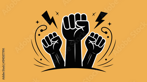 Three clenched fists are raised in a powerful gesture of solidarity and resistance surrounded by dynamic lightning and sparkling starbursts high quality professional detailed modern elegant