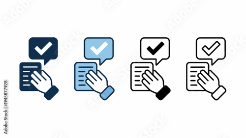 Four variations of a hand selecting a checkbox within a speech bubble displayed in different color schemes high quality professional detailed modern elegant stylish clean crisp