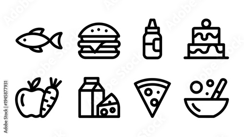A collection of simple black and white line icons depicts various food items including fruits pizza desserts and protein sources high quality professional detailed modern elegant