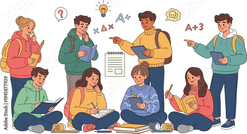 Students Studying Together Vector Illustration with College Group Learning Discussion Homework Books Education Concept