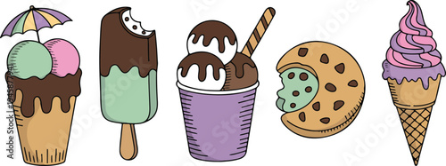 Cheerful assorted ice cream treats set with cups sandwich chocolate bar and waffle cone flat vector illustration