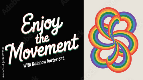 A vibrant promotional image features the text enjoy the movement alongside an abstract rainbow vortex design on a beige background high quality professional detailed modern elegant