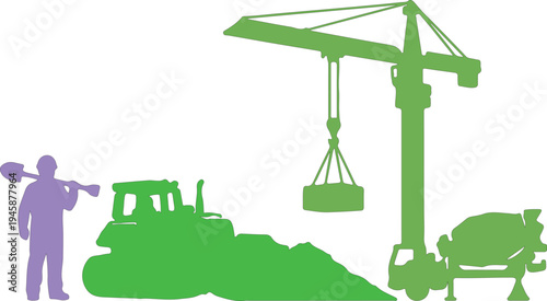 Green construction silhouettes with crane bulldozer cement mixer