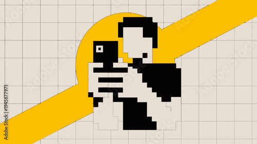 An abstract digital illustration features a pixelated face partially obscured by a large yellow circle and angled stripe high quality professional detailed modern elegant stylish clean