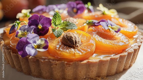 Close up of a freshly baked fruit tart garnished with edible flowers on a plate