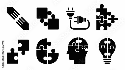 A collection of black glyphs depicts various concepts related to connection problem solving and the human mind high quality professional detailed modern elegant stylish clean crisp