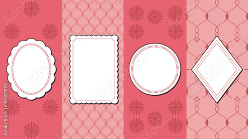 A collage of four decorative frames in varying shapes and sizes set against a pink patterned background high quality professional detailed modern elegant stylish clean crisp