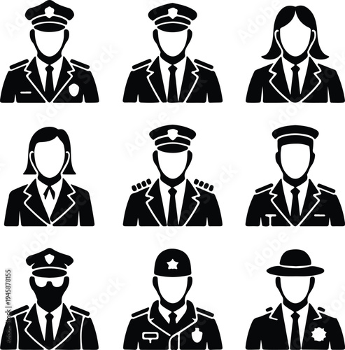 A set of nine black and white police officer silhouettes in various uniforms and hats