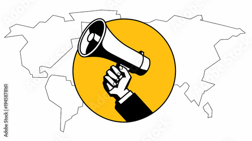 A graphic illustration depicts a hand holding a megaphone over a world map symbolizing communication and global outreach high quality professional detailed modern elegant stylish clean