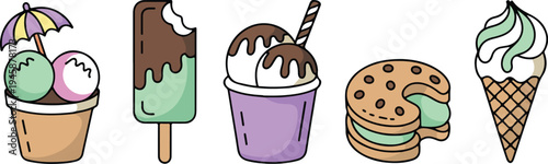 Cheerful assorted ice cream treats set with cups sandwich chocolate bar and waffle cone flat vector illustration