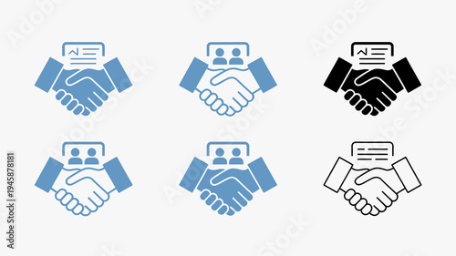 A set of six icons depicting a handshake between two people styled with varying color schemes and one in monochrome high quality professional detailed modern elegant