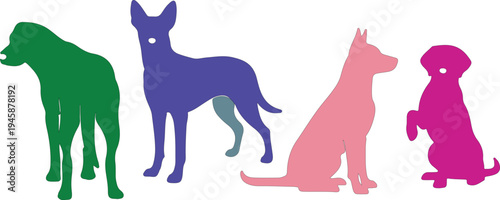 Colorful Silhouettes of Four Different Dog Breeds dog silhouettes