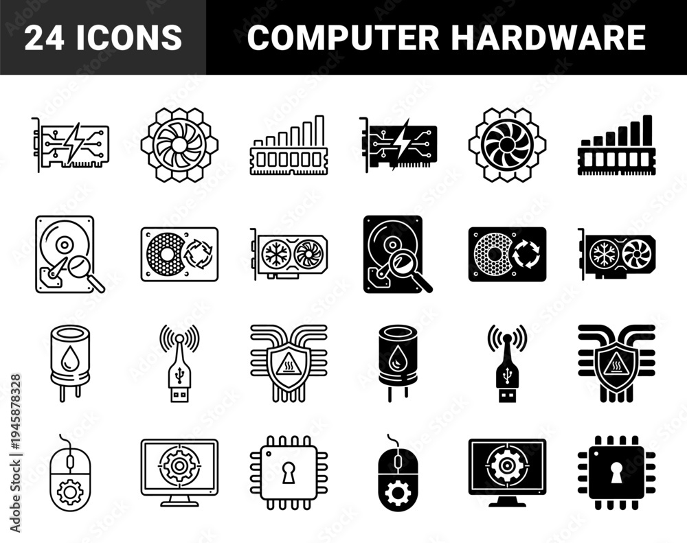 Fototapeta premium Hybrid computer hardware and data processing icons featuring liquid cooling capacitor and secure encrypted processor with fiber optic network connectivity