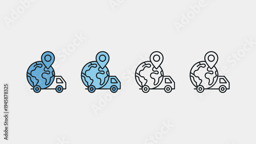 A sequence of four line art icons depicts a delivery truck with a globe progressing from color to grayscale high quality professional detailed modern elegant stylish