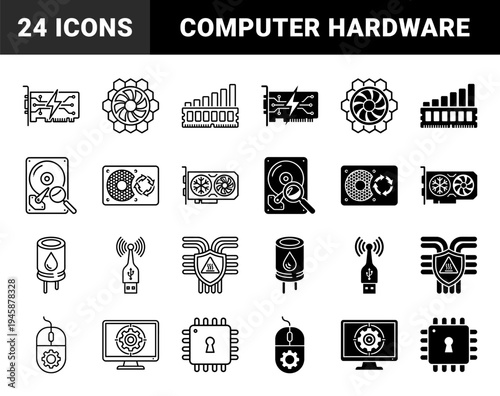Hybrid computer hardware and data processing icons featuring liquid cooling capacitor and secure encrypted processor with fiber optic network connectivity