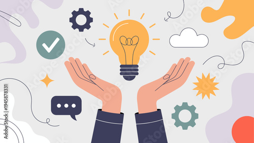 Hands are cupping a glowing lightbulb symbolizing new ideas and innovation surrounded by supportive imagery high quality professional detailed modern elegant stylish clean crisp vibrant colorful