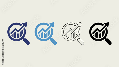 Four variations of a magnifying glass over a bar graph icon are displayed showing different color schemes and outlines high quality professional detailed modern elegant stylish