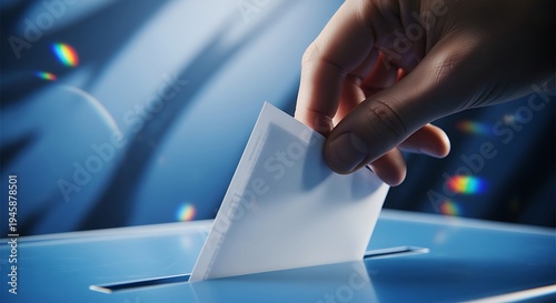 Hand putting white paper ballot into blue ballot box with slot for voting in election or survey
