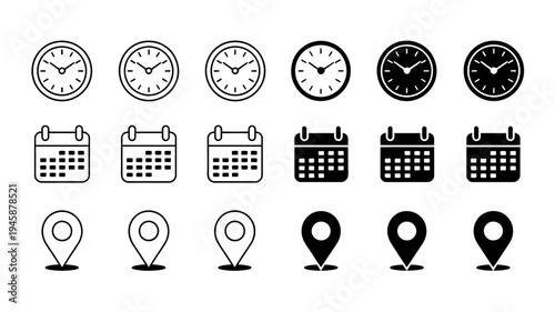 A collection of black and white icons depicting clocks calendars and location pins in varying shades and styles high quality professional detailed modern elegant stylish clean