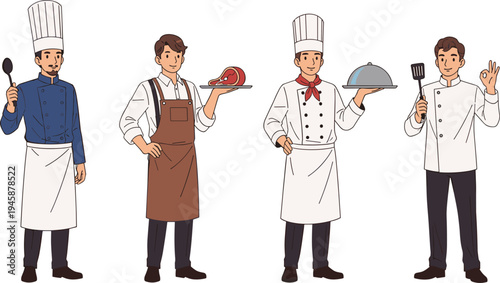 Professional chefs collection cooking serving food and holding utensils restaurant kitchen staff flat vector illustration set