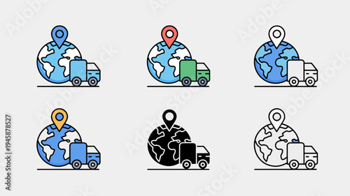 This image displays six variations of a globe with a delivery truck icon showcasing different color schemes and styles high quality professional detailed modern elegant stylish