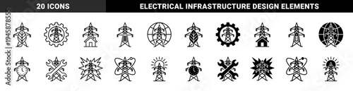 High voltage power tower hybrid icons merging electrical transmission pylons with renewable energy leaves battery storage and industrial gear symbols