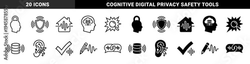 Biometric audio security and digital cognitive monitoring icons featuring head lock cloud server and sound wave hybrid symbols in outline and solid styles