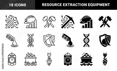 Hybrid Industrial Mining and Resource Extraction Icons Featuring Pickaxe Circuitry Hammer Lightning and DNA Drill Bit Symbol Combinations