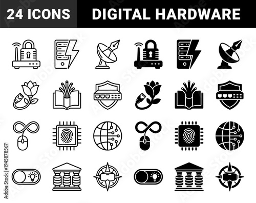 Hybrid Technology and Nature Icon Set Featuring Network Router Locks Server Lightning Bolts Satellite Pen Nibs Fiber Optic Books and Ethernet Flowers