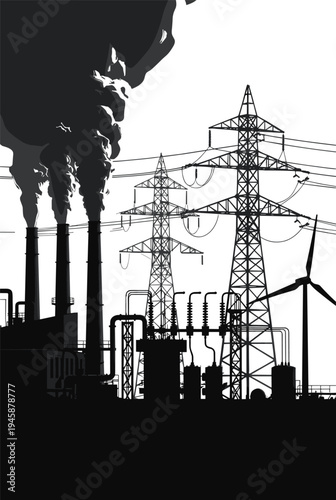 Industrial energy infrastructure vector illustration, black and white silhouettes of smokestacks, transmission towers, wind turbine, fossil fuel plant, 