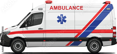 Emergency ambulance medical vehicle with red and blue stripes healthcare transport flat vector illustration isolated