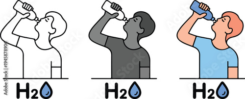 Minimalist illustration of three identical figures drinking from blue water bottles, progressing from line art to color on white background