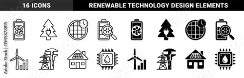 Sustainable Energy Hybrid Icon Set Featuring Battery Cooling Fans Solar Time Tracking Wind Power Analytics and Smart Eco Home Technology