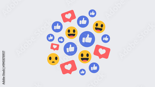 A vibrant collection of facebook reaction icons floats against a light gray background showcasing love like and various smiley faces high quality professional detailed modern elegant