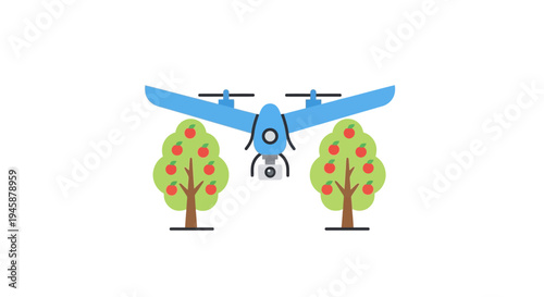 Blue drone flying between two trees.