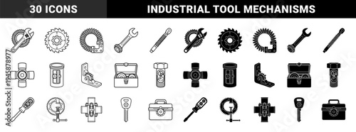 Mechanical hardware and hand tool symbols merged with internal gear mechanisms in a dual outline and solid black silhouette isometric style