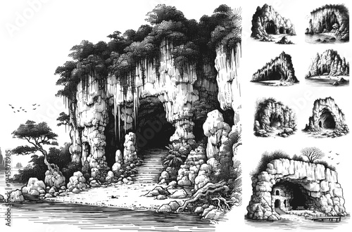 Line art drawing of cave illustration showing a large dramatic entrance with a staircase leading into darkness vector svg