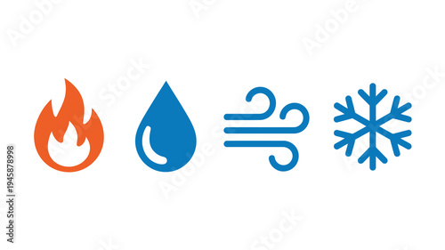 A row of four colorful icons representing the classical elements fire water air and ice displayed in a linear fashion high quality professional detailed modern elegant