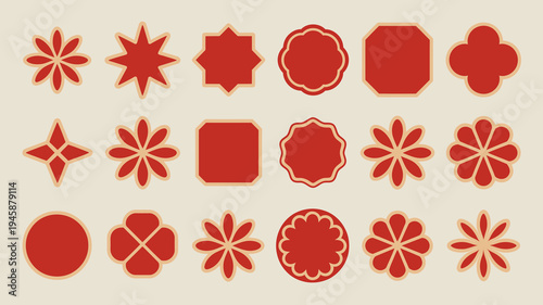 A collection of vibrant red geometric shapes and floral designs are showcased against a soft neutral beige background high quality professional detailed modern elegant stylish clean