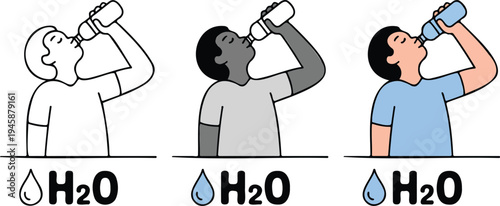 Minimalist illustration of three identical figures drinking from blue water bottles, progressing from line art to color on white background