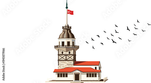Maiden’s Tower Istanbul vector illustration, historic lighthouse artwork, cultural landmark design, Bosphorus strait architecture, Turkish heritage stock content