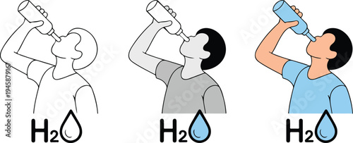 Minimalist illustration of three identical figures drinking from blue water bottles, progressing from line art to color on white background