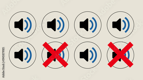A series of circular icons depicting sound waves some muted with red x marks arranged on a pale background high quality professional detailed modern elegant stylish