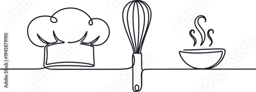 Chef preparing a dish with essential kitchen tools and a steaming bowl of food isolated on white background, Vector