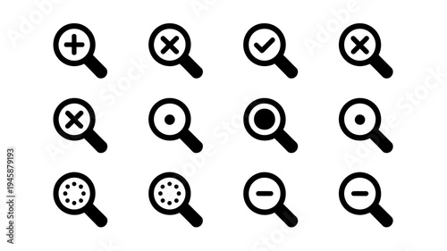 A collection of black magnifying glass icons displaying various symbols within their circular lenses representing search options high quality professional detailed modern elegant stylish clean crisp