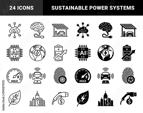Hybrid electric vehicle and sustainable energy icon set featuring integrated solar charging stations battery storage and smart grid technology