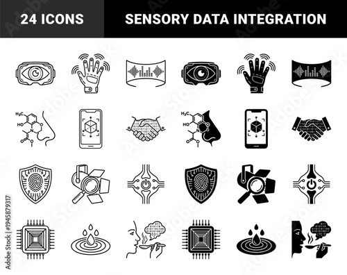 Hybrid sensory technology and data integration icons featuring augmented reality goggles biometric shields and digital molecular flavor analysis