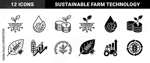 Black and white agritech symbols merging organic plant growth with digital circuits industrial gears and financial data for smart farming concepts