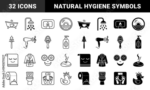 Hybrid Wellness and Spa Icon Set Merging Bathroom Essentials with Nature and Music Elements in Outline and Solid Glyph Styles